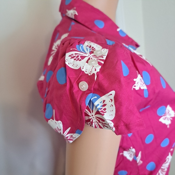 Dead Threads Womens M Shirt Pink Blue Polka Dots Butterfly Girly Button Down - Picture 10 of 11